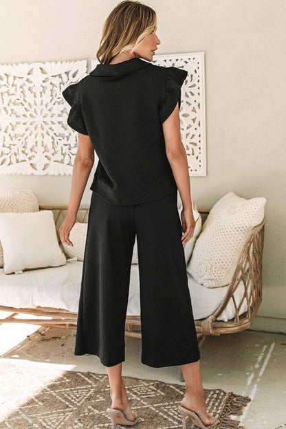 Ruffled Cap Sleeve Top Wide Leg Pants Set black sw625514-P2 by SHEWIN INC. | Fleurcouture