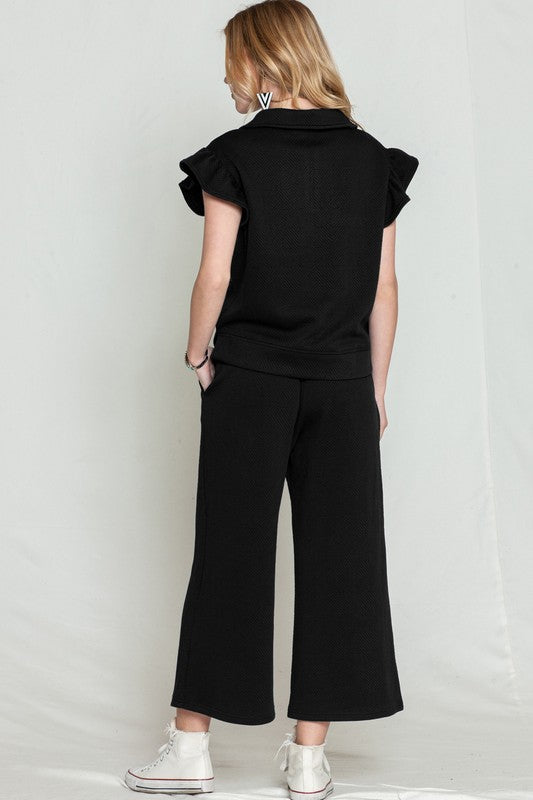 Ruffled Cap Sleeve Top Wide Leg Pants Set black sw625514-P2 by SHEWIN INC. | Fleurcouture