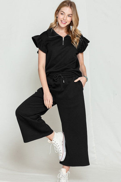 Ruffled Cap Sleeve Top Wide Leg Pants Set black sw625514-P2 by SHEWIN INC. | Fleurcouture