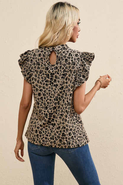 Ruffled Leopard Round Neck Cap Sleeve Blouse Leopard Women&