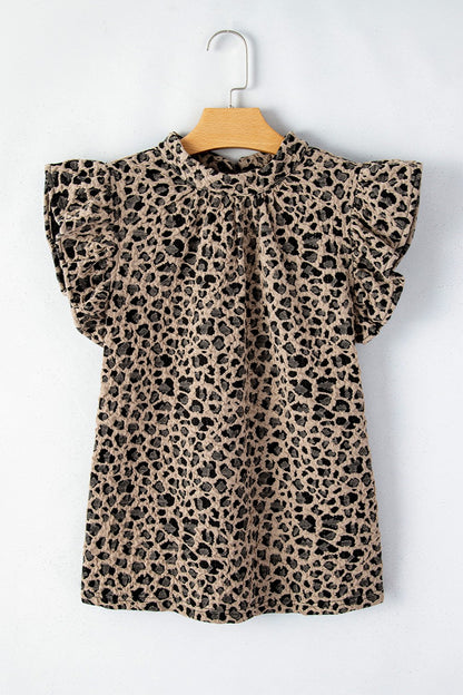 Ruffled Leopard Round Neck Cap Sleeve Blouse Leopard Women&