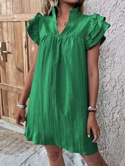 Ruffled Notched Cap Sleeve Mini Dress Green S Women&