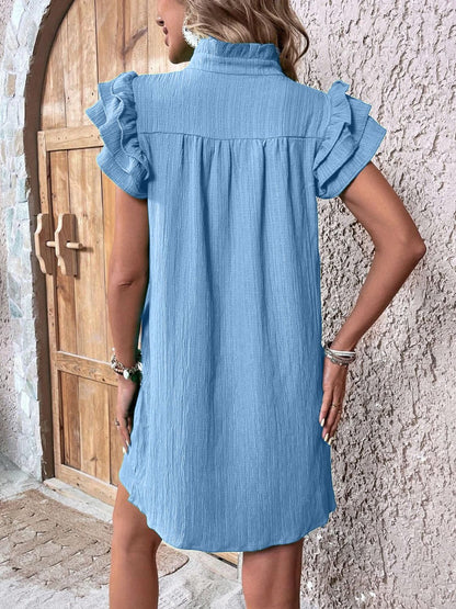 Ruffled Notched Cap Sleeve Mini Dress Women&