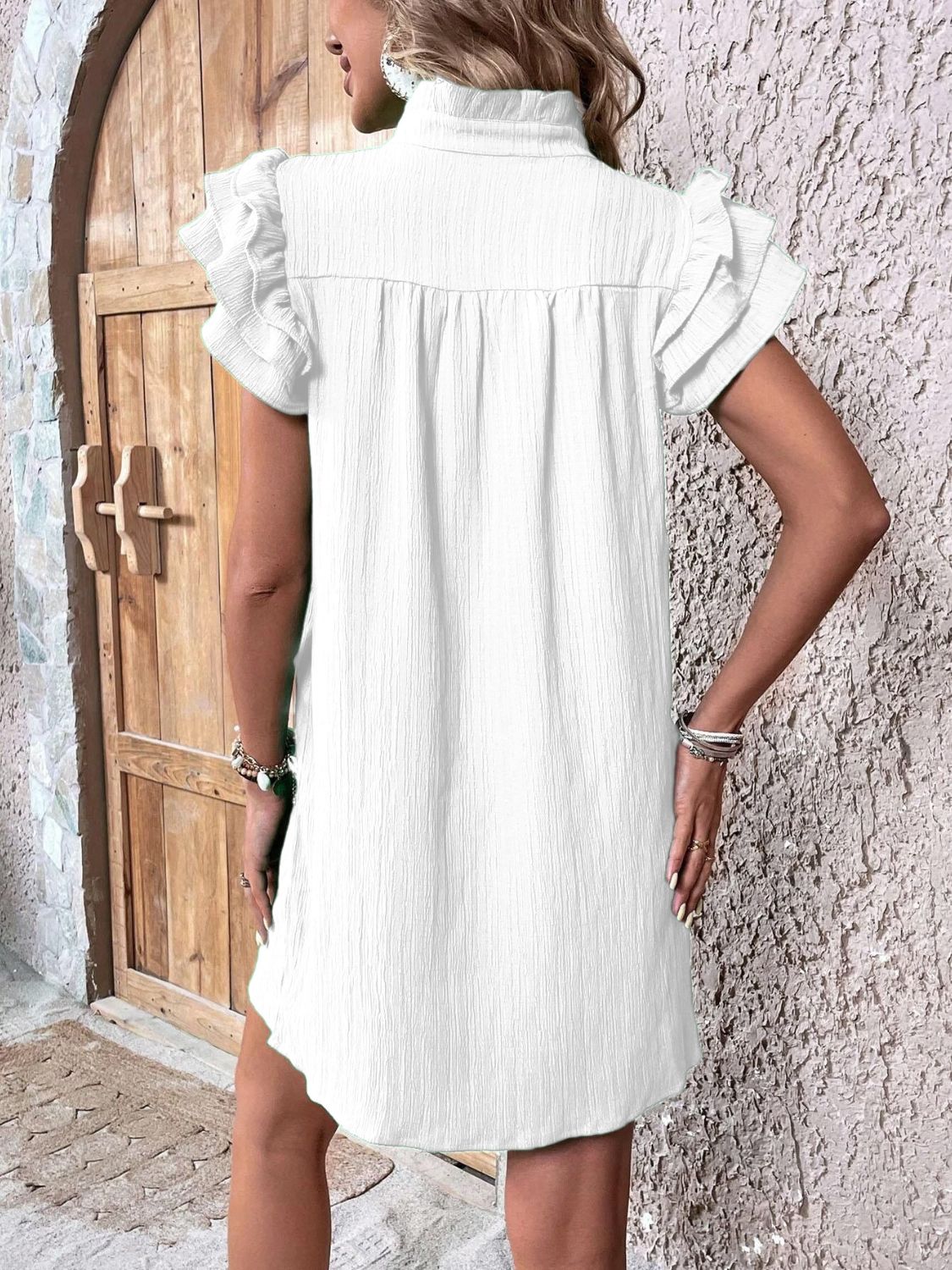 Ruffled Notched Cap Sleeve Mini Dress Women&