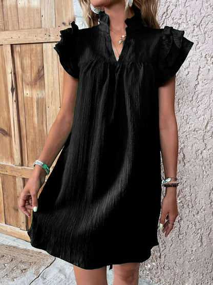 Ruffled Notched Cap Sleeve Mini Dress Women&