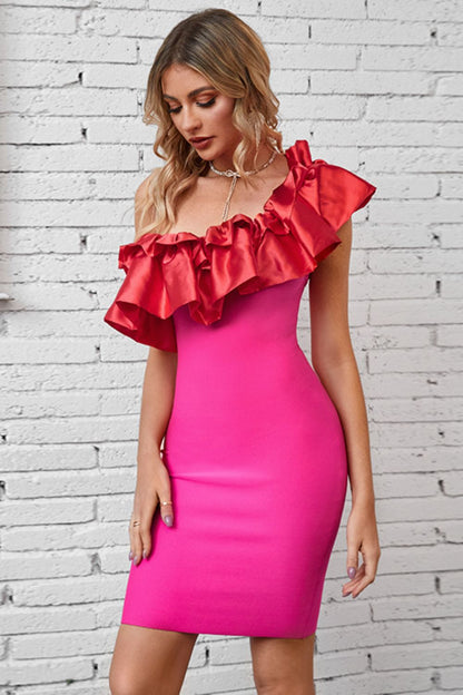 Ruffled One-Shoulder Bodycon Dress Hot Pink Women&