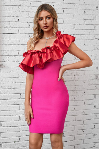 Ruffled One-Shoulder Bodycon Dress Hot Pink Women&