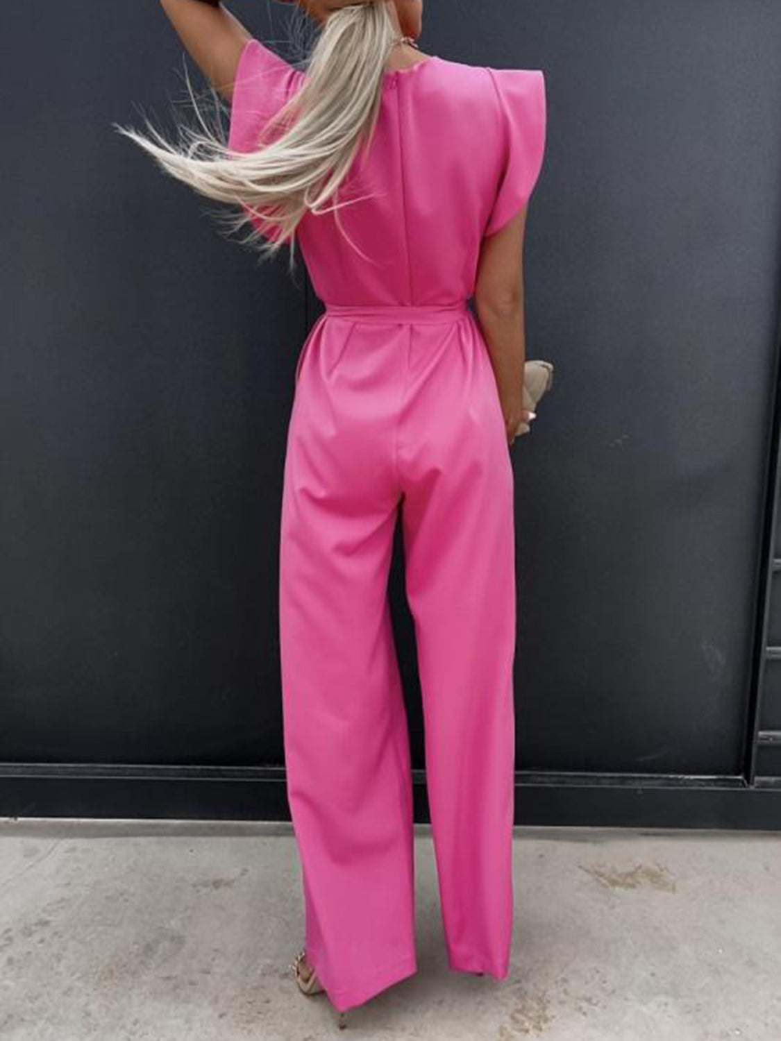 Ruffled Round Neck Cap Sleeve Jumpsuit Fuchsia Pink S Jumpsuits by Trendsi | Fleurcouture