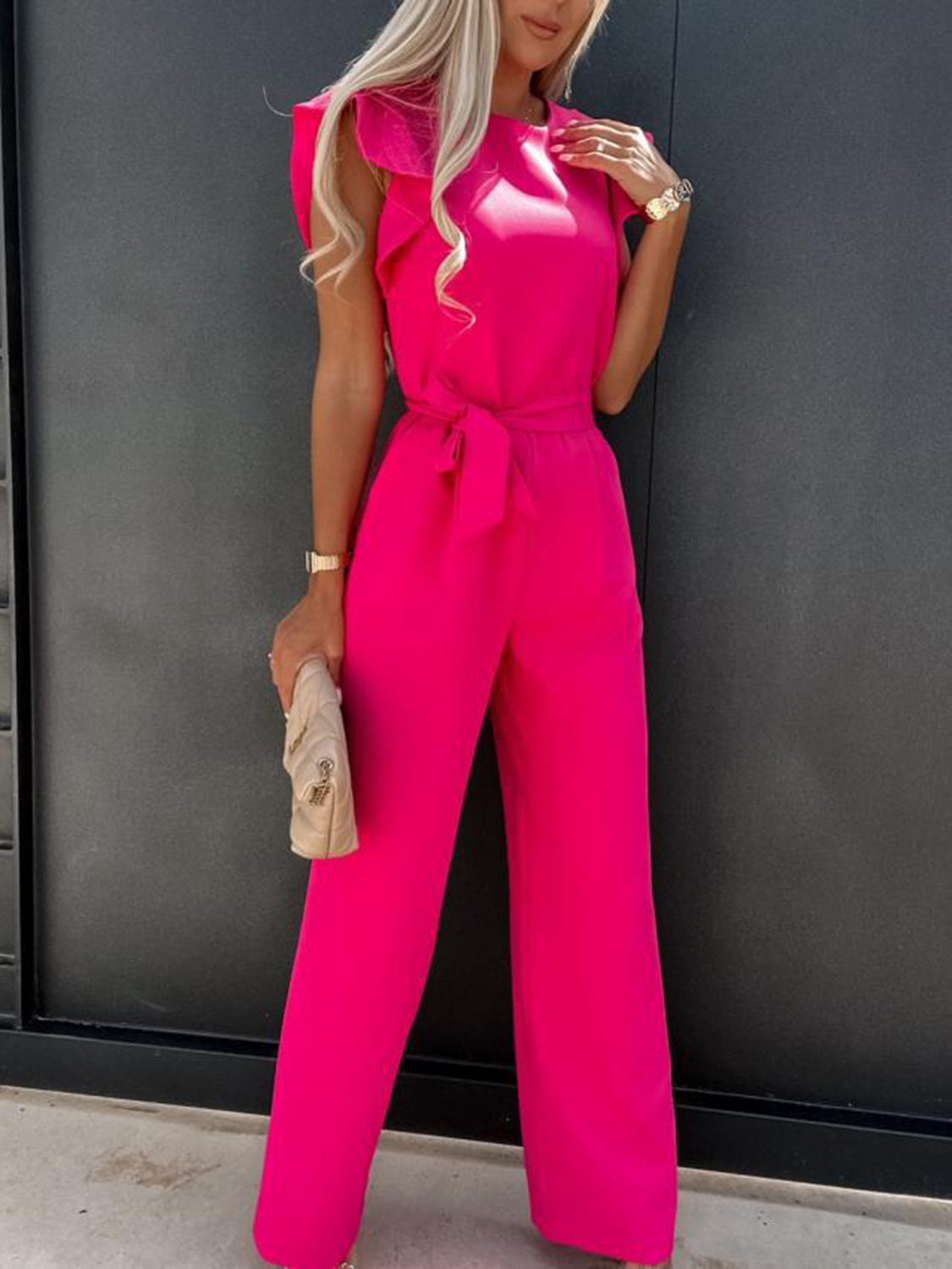 Ruffled Round Neck Cap Sleeve Jumpsuit Hot Pink S Jumpsuits by Trendsi | Fleurcouture