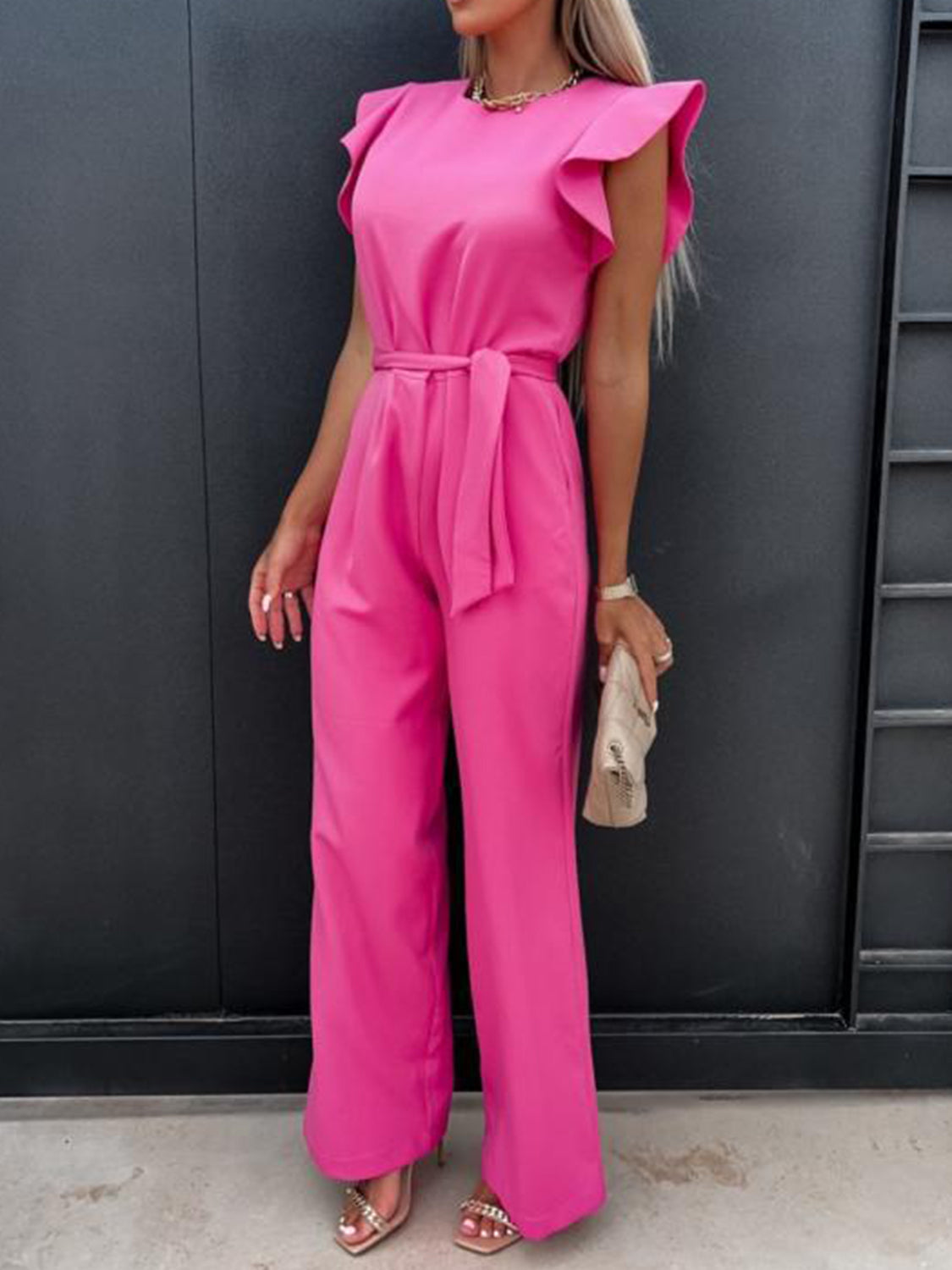 Ruffled Round Neck Cap Sleeve Jumpsuit Jumpsuits by Trendsi | Fleurcouture