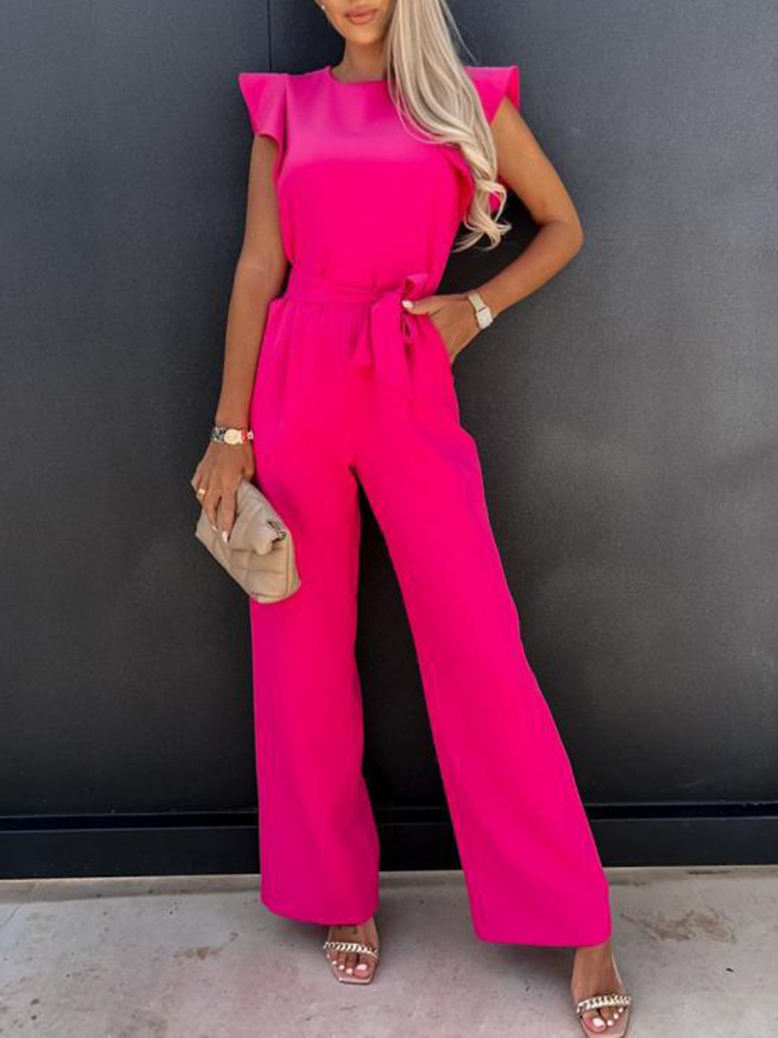 Ruffled Round Neck Cap Sleeve Jumpsuit Jumpsuits by Trendsi | Fleurcouture