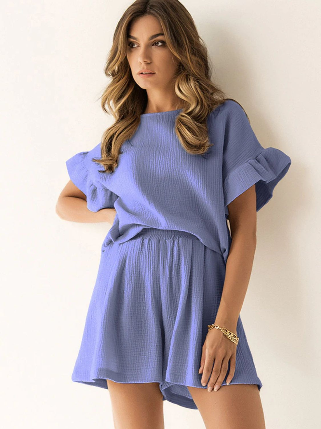 Ruffled Round Neck Top and Shorts Set Blue Purple S Women&