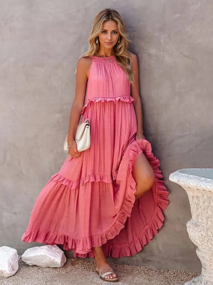 Ruffled Sleeveless Tiered Maxi Dress with Pockets Burnt Coral S Dresses by Trendsi | Fleurcouture