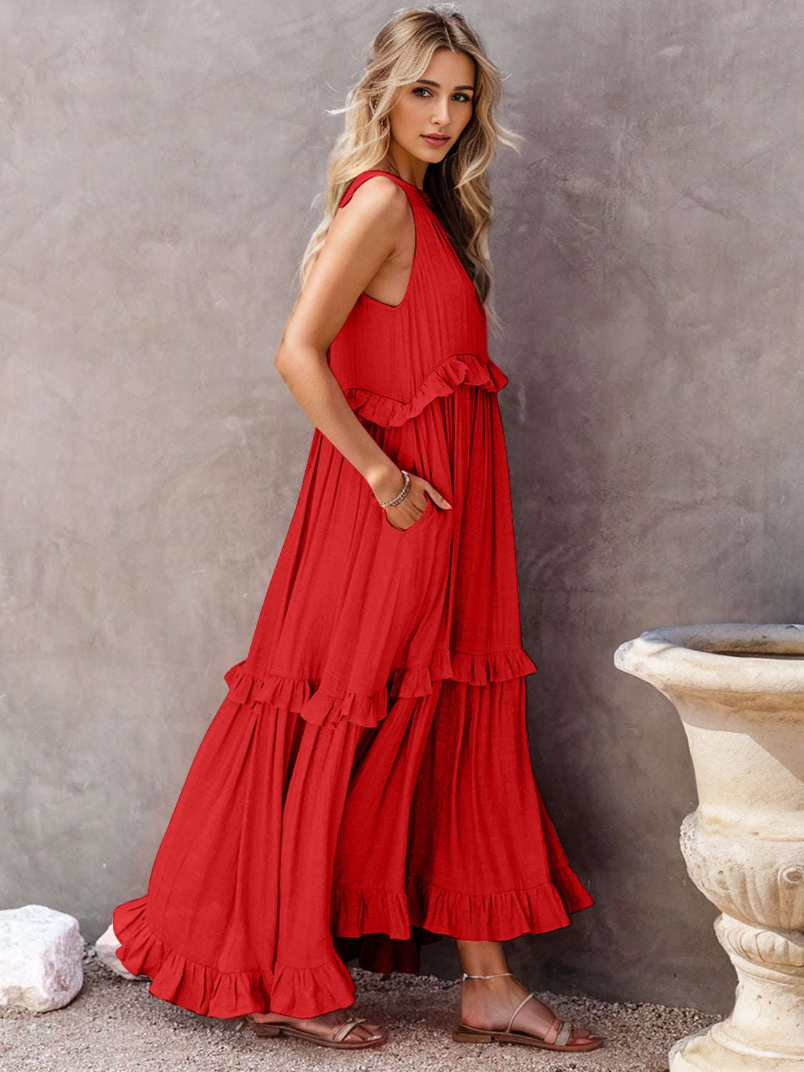 Ruffled Sleeveless Tiered Maxi Dress with Pockets Dresses by Trendsi | Fleurcouture