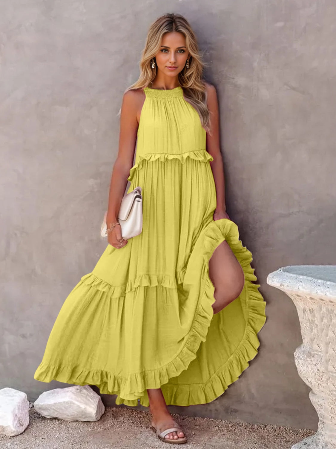 Ruffled Sleeveless Tiered Maxi Dress with Pockets Dresses by Trendsi | Fleurcouture