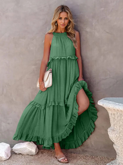 Ruffled Sleeveless Tiered Maxi Dress with Pockets Green S Dresses by Trendsi | Fleurcouture