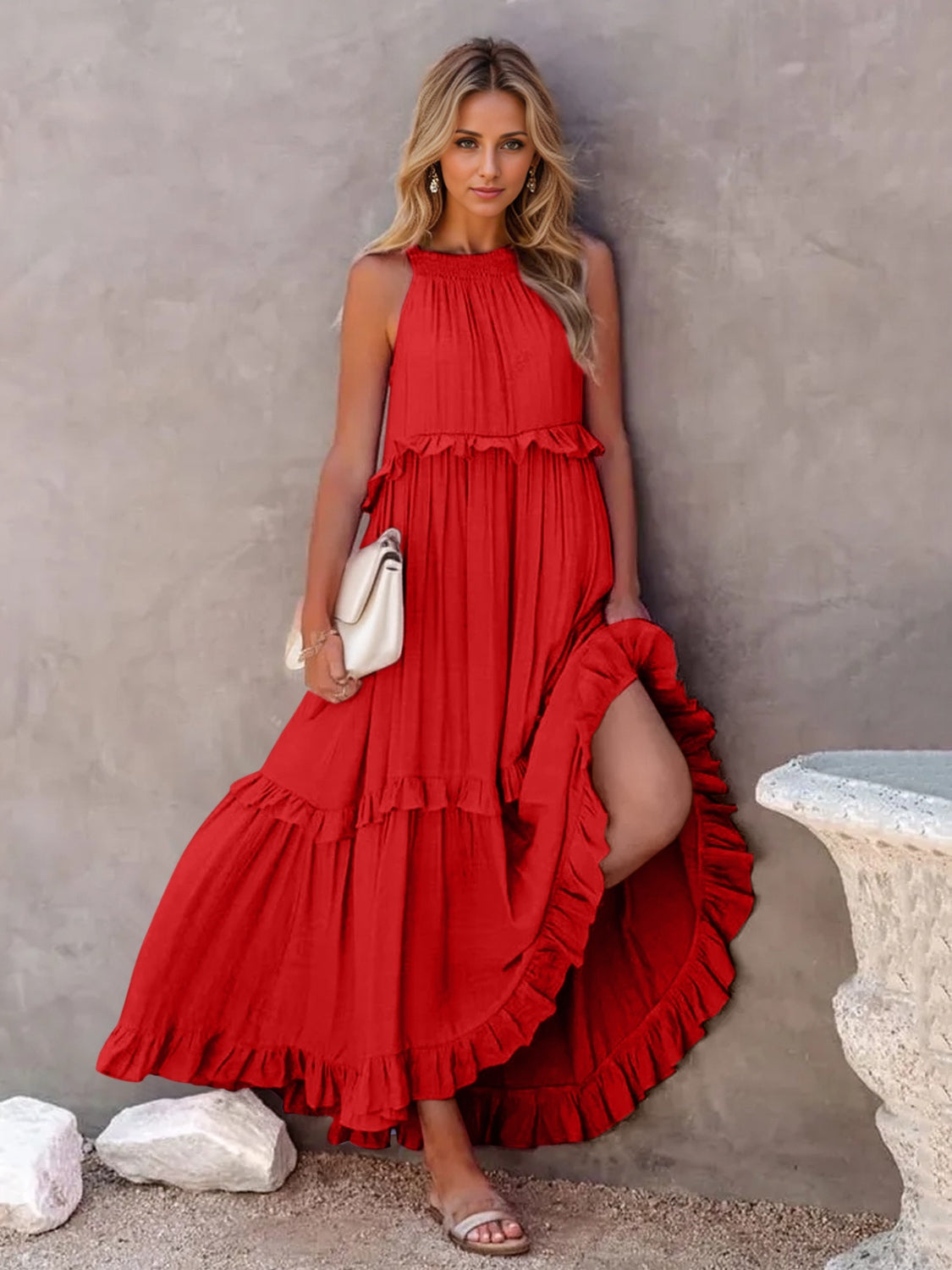 Ruffled Sleeveless Tiered Maxi Dress with Pockets Red S Dresses by Trendsi | Fleurcouture