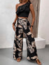 Ruffled Sleeveless Top and Printed Pants Set Black S Women&