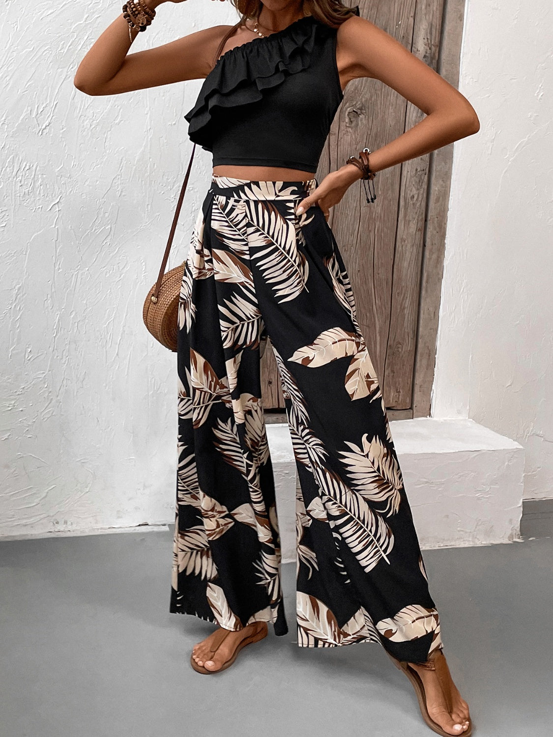 Ruffled Sleeveless Top and Printed Pants Set Black Women&