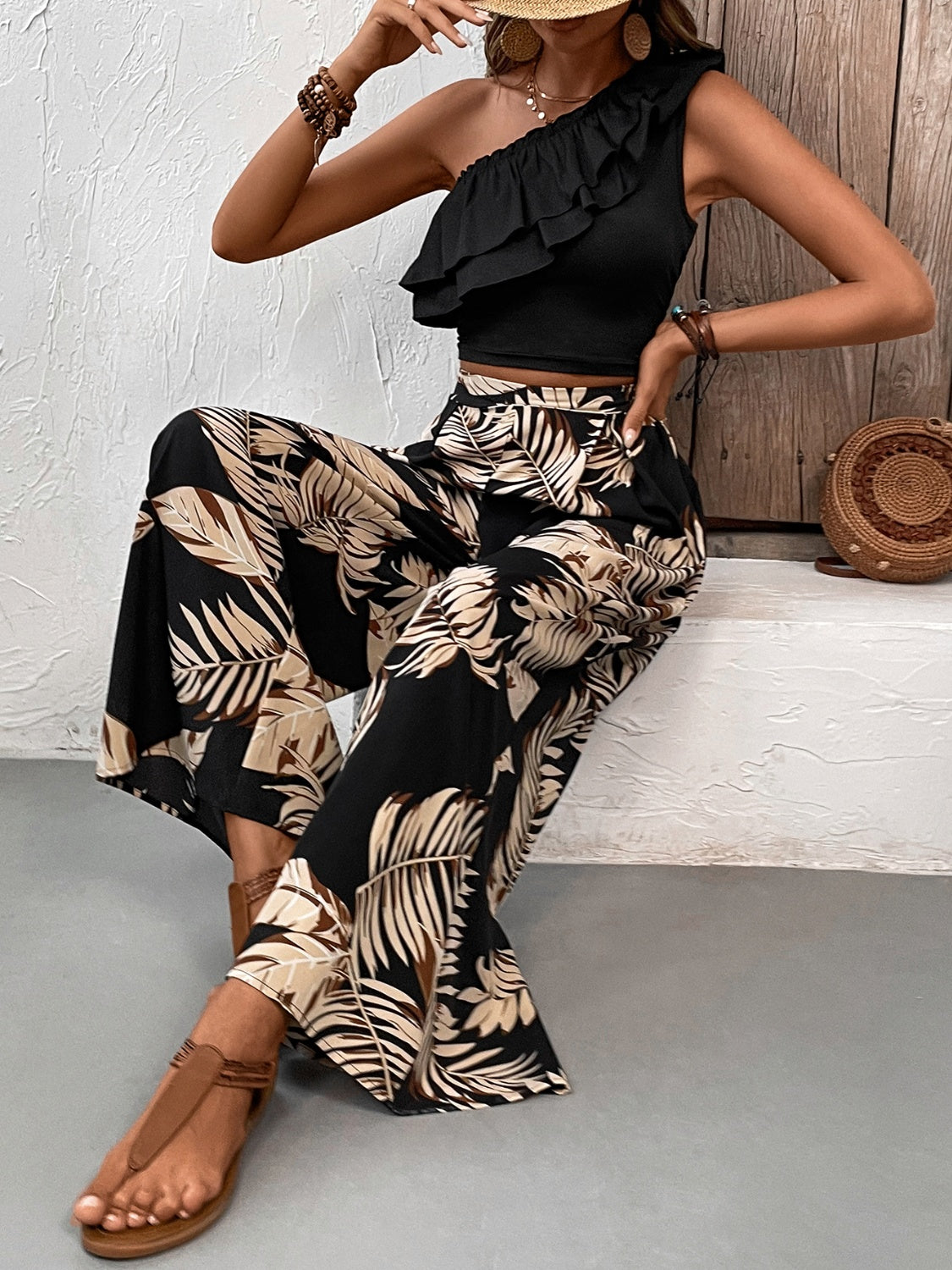 Ruffled Sleeveless Top and Printed Pants Set Black Women&