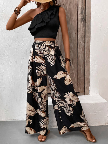 Ruffled Sleeveless Top and Printed Pants Set Black Women&