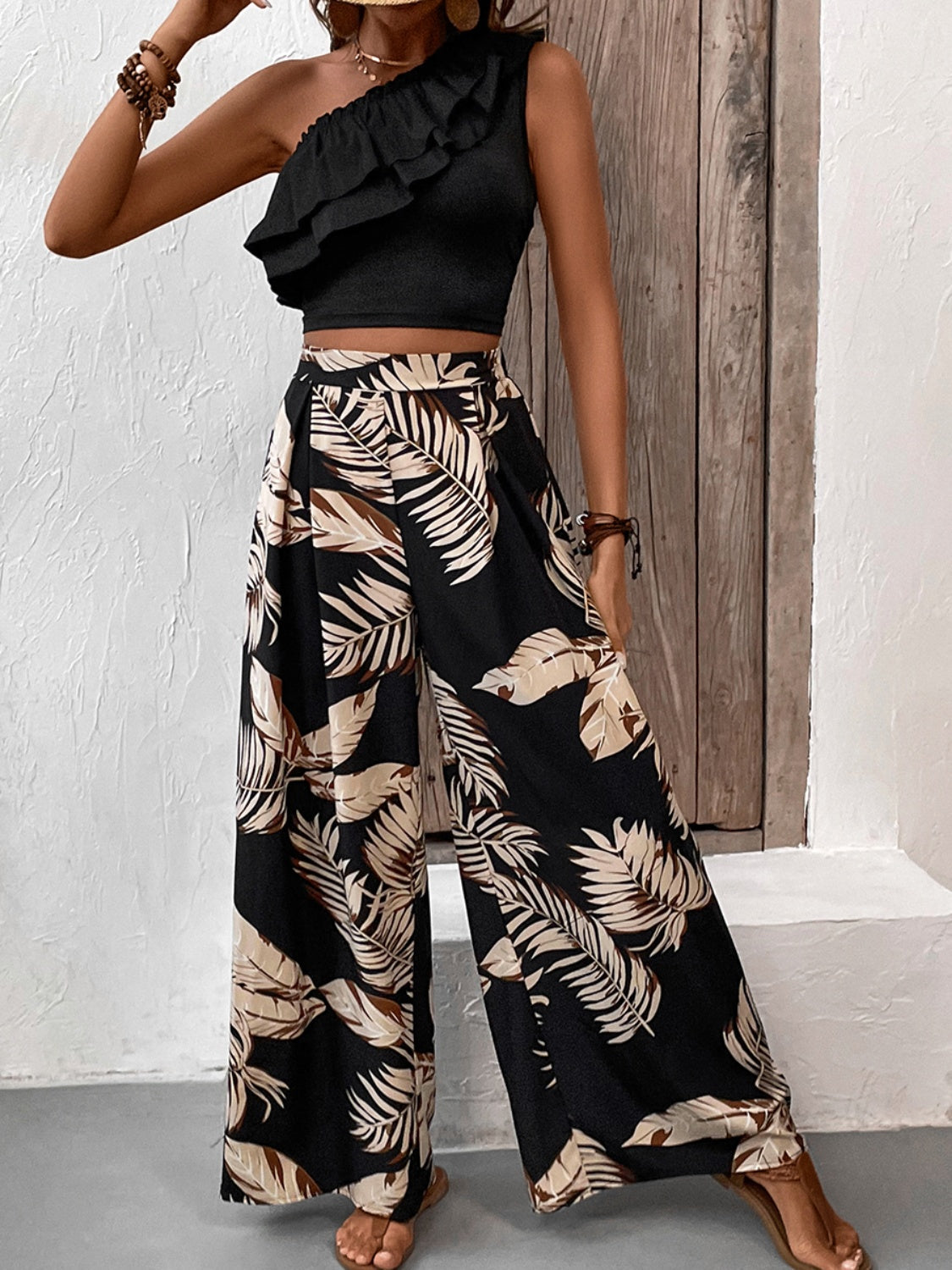 Ruffled Sleeveless Top and Printed Pants Set Black Women&