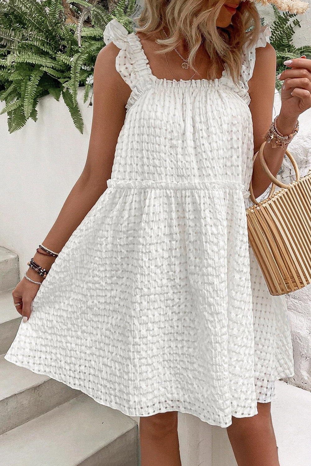 Ruffled Square Neck Wide Strap Dress White Dresses by Trendsi | Fleurcouture