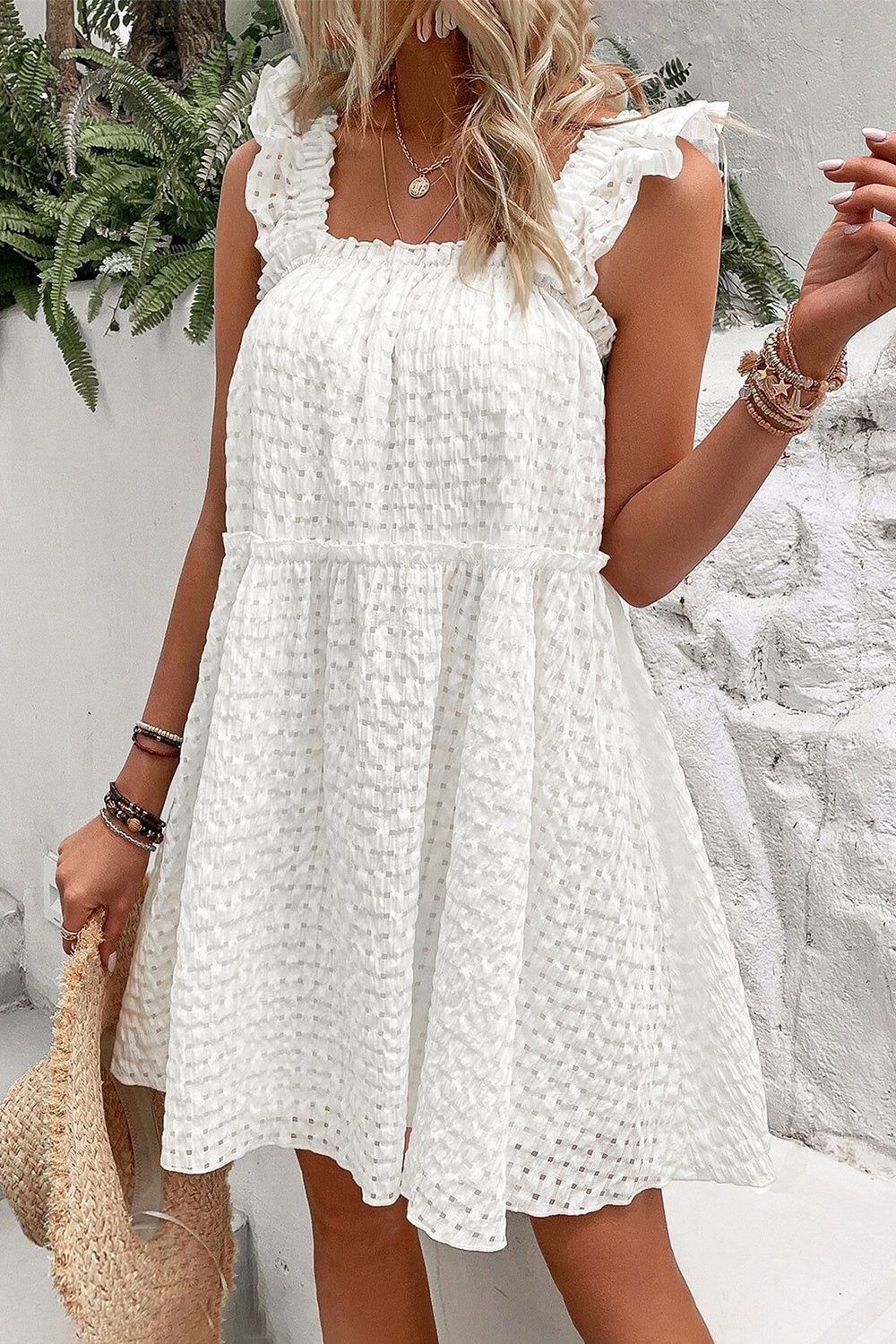 Ruffled Square Neck Wide Strap Dress White Dresses by Trendsi | Fleurcouture