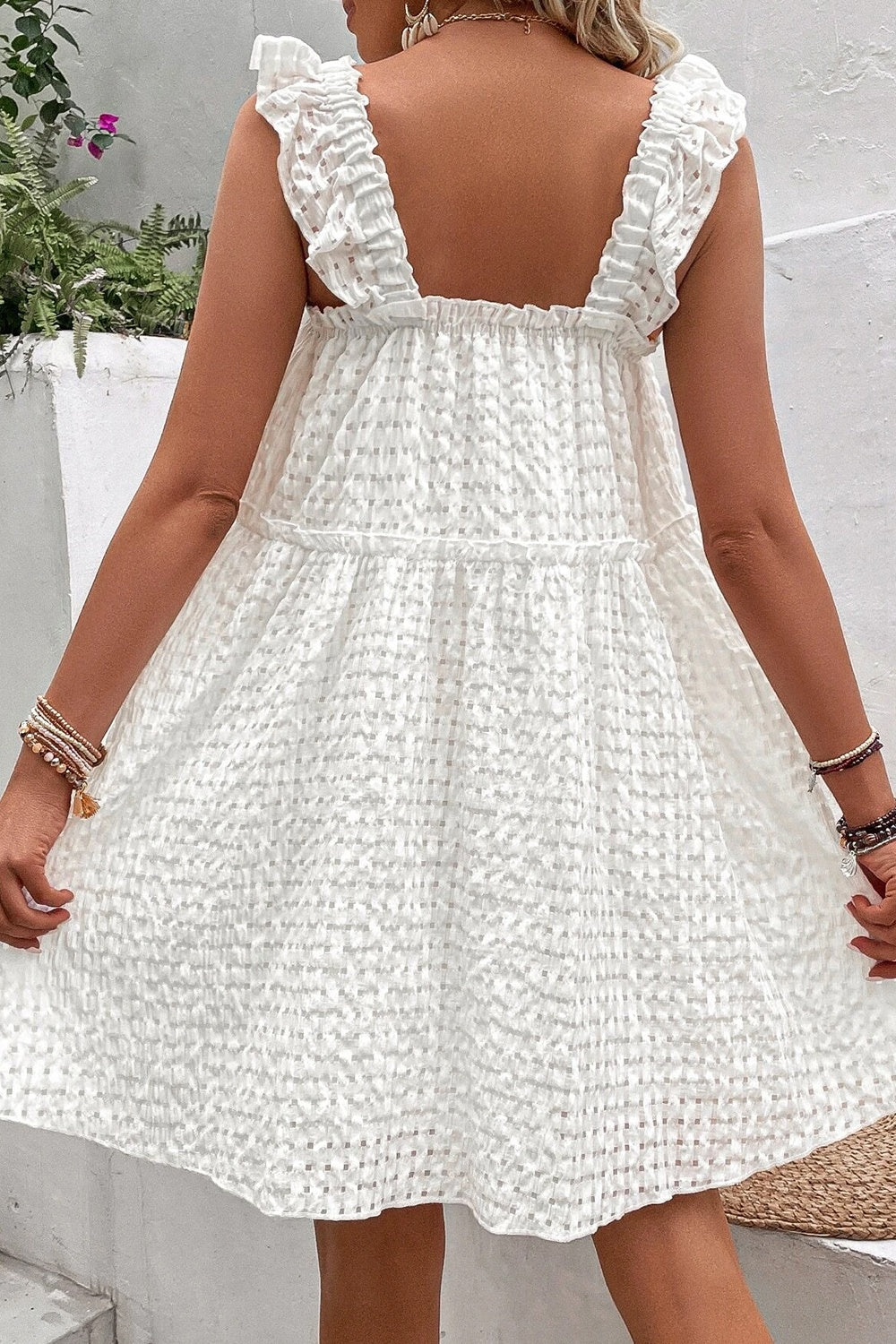 Ruffled Square Neck Wide Strap Dress White Dresses by Trendsi | Fleurcouture