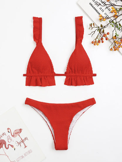 Ruffled Textured Wide Strap Two-Piece Bikini Set Swimwear by Trendsi | Fleurcouture