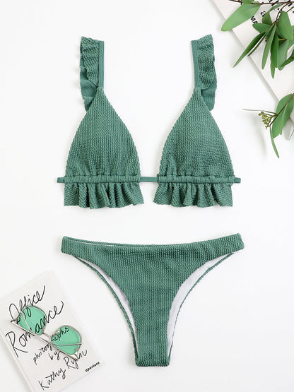 Ruffled Textured Wide Strap Two-Piece Bikini Set Swimwear by Trendsi | Fleurcouture