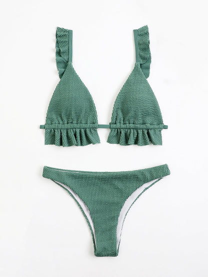 Ruffled Textured Wide Strap Two-Piece Bikini Set Swimwear by Trendsi | Fleurcouture