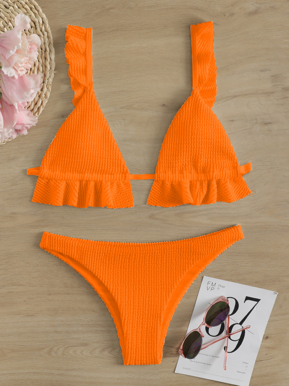 Ruffled Textured Wide Strap Two-Piece Bikini Set Swimwear by Trendsi | Fleurcouture