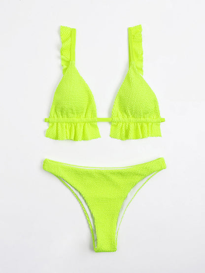 Ruffled Textured Wide Strap Two-Piece Bikini Set Swimwear by Trendsi | Fleurcouture