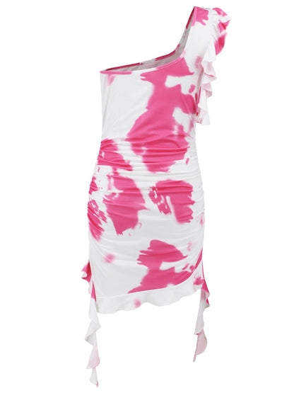 Ruffled Tie-Dye Single Shoulder Mini Dress Women&