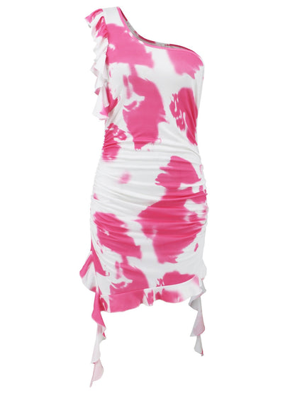 Ruffled Tie-Dye Single Shoulder Mini Dress Women&