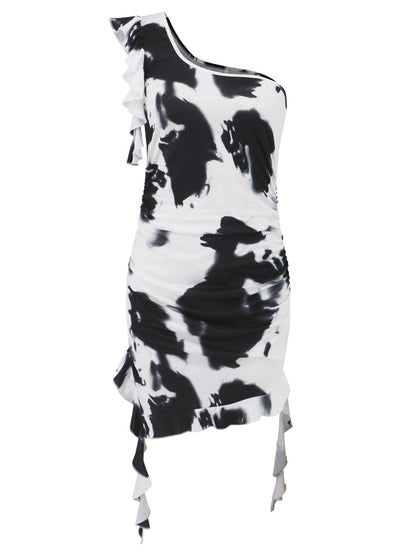 Ruffled Tie-Dye Single Shoulder Mini Dress Women&