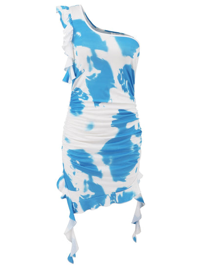 Ruffled Tie-Dye Single Shoulder Mini Dress Women&