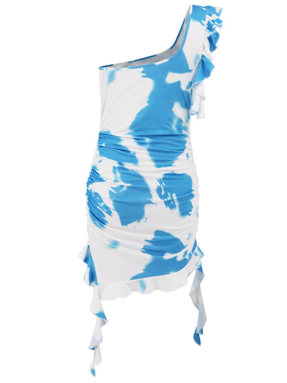 Ruffled Tie-Dye Single Shoulder Mini Dress Women&