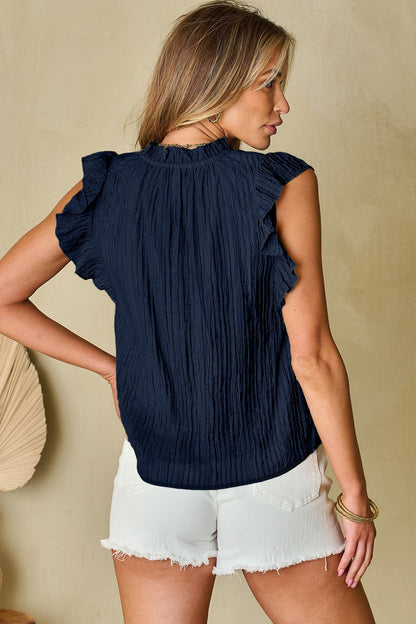 Ruffled Tie Neck Cap Sleeve Blouse Dark Blue Tops by Trendsi | Fleurcouture