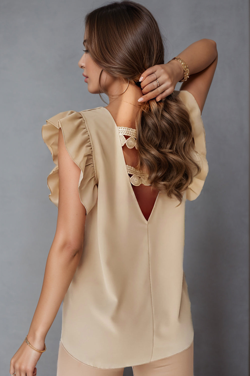 Ruffled V-Neck Cap Sleeve Blouse Beige Blouses by Trendsi | Fleurcouture