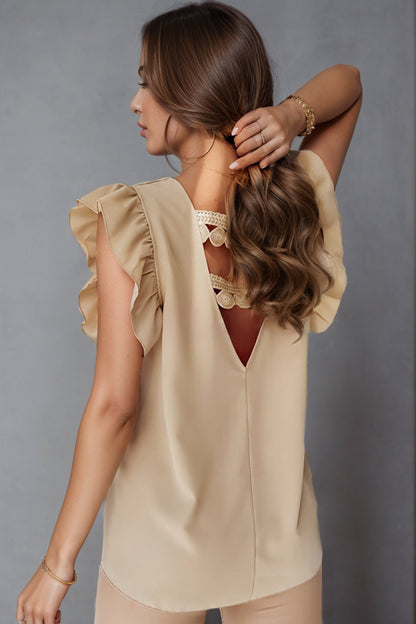 Ruffled V-Neck Cap Sleeve Blouse Beige Blouses by Trendsi | Fleurcouture