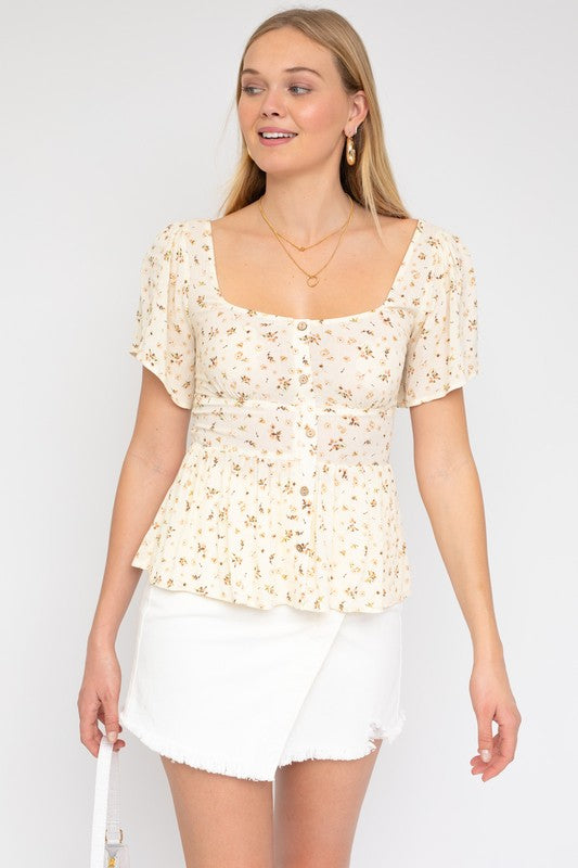 S/S Button Down Back Smocking Ditsy Print Top BUTTER-TAUPE DITSY by Gilli | Fleurcouture