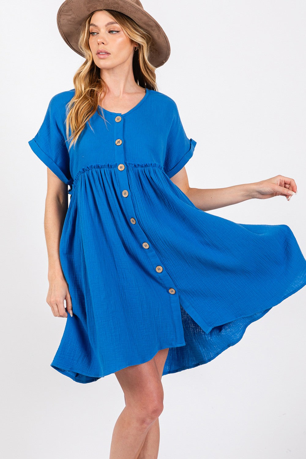 SAGE + FIG Button Up short Sleeve Dress Blue S Women&