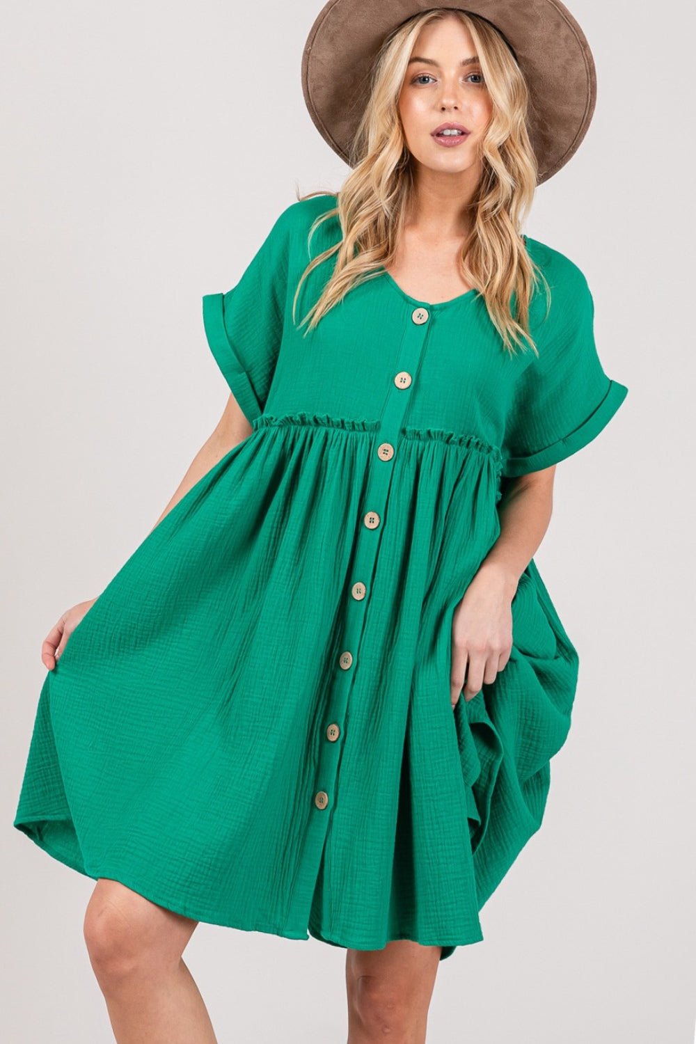 SAGE + FIG Full Size Button Up Short Sleeve Dress Kelly Green S by Trendsi | Fleurcouture