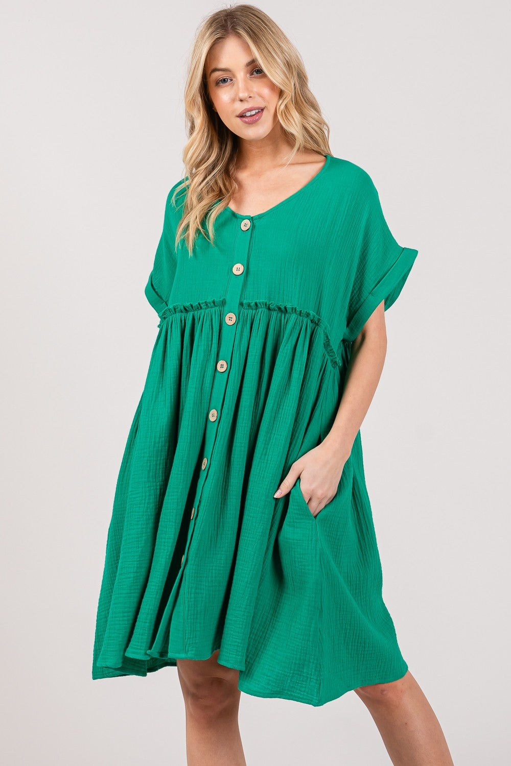 SAGE + FIG Full Size Button Up Short Sleeve Dress Kelly Green by Trendsi | Fleurcouture