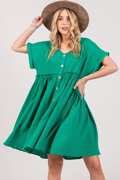 SAGE + FIG Full Size Button Up Short Sleeve Dress Kelly Green by Trendsi | Fleurcouture