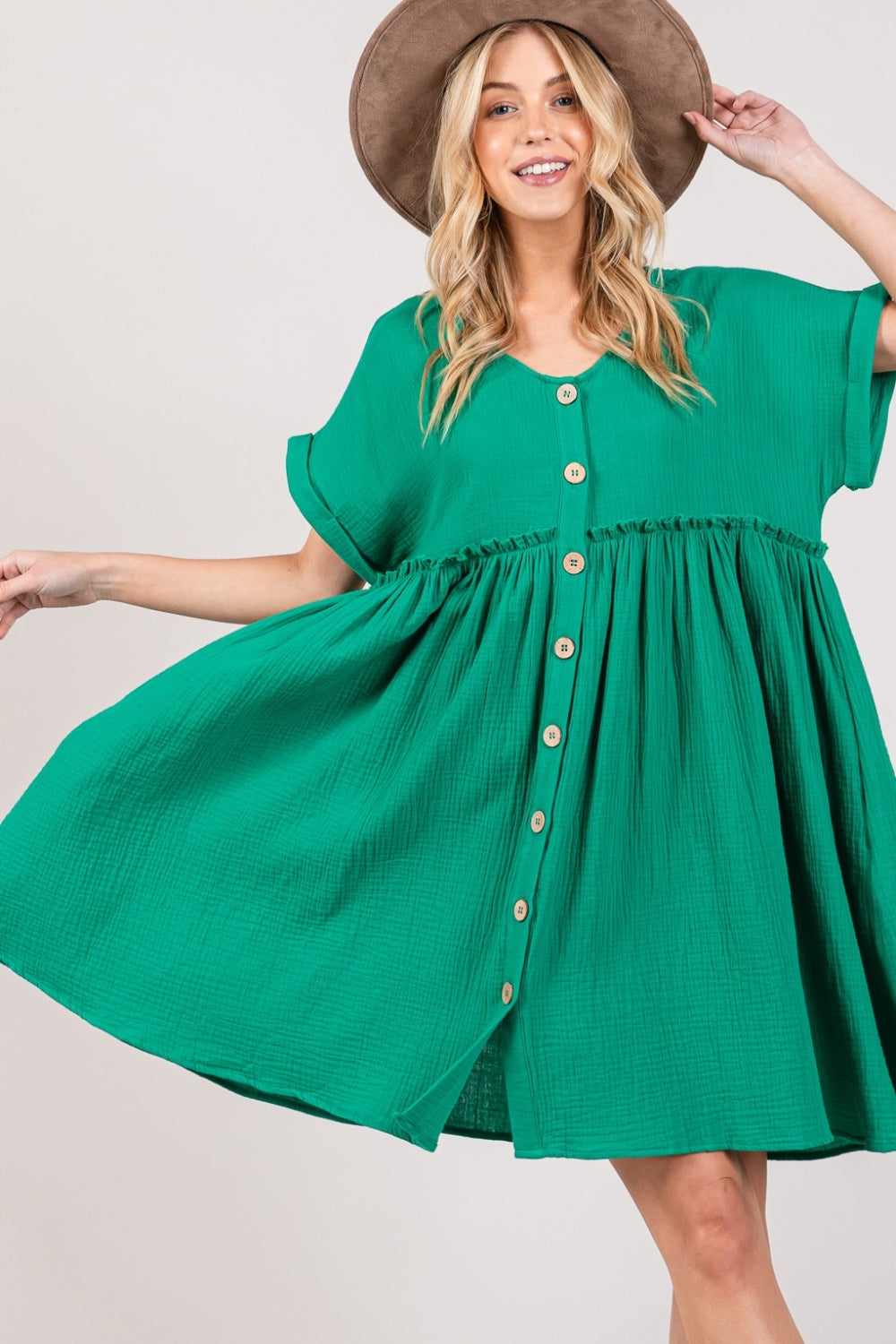 SAGE + FIG Full Size Button Up Short Sleeve Dress Kelly Green by Trendsi | Fleurcouture