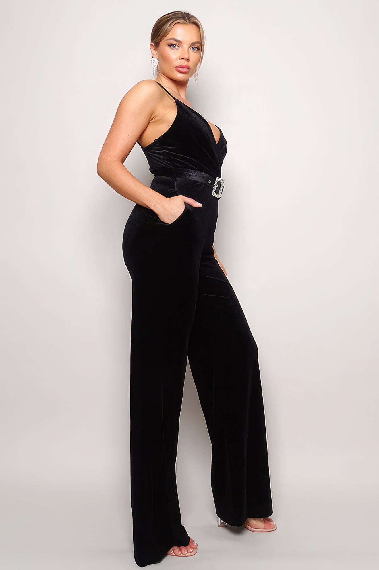 Samba Rhinestone Belt Velvet Jumpsuit Jumpsuits by Fleurcouture | Fleurcouture