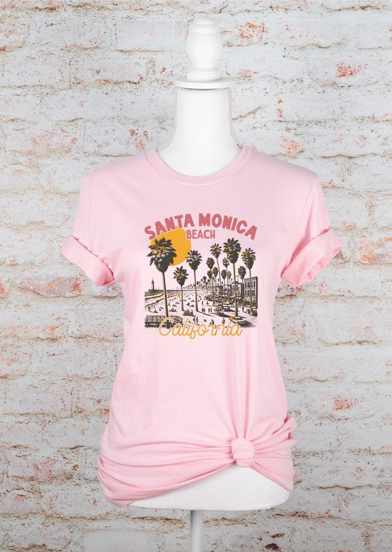 Santa Monica Beach California Graphic Tee PInk L by Ocean and 7th | Fleurcouture